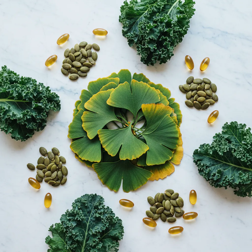 Ginkgo biloba leaves, zinc pumpkin seeds, magnesium greens and Revixol amber capsules arranged on white marble