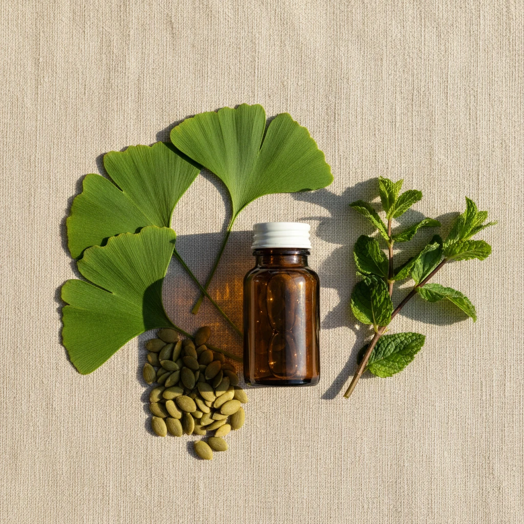 Revixol supplement bottle with ginkgo biloba herbs and pumpkin seeds on a linen surface - everyday ear wellness